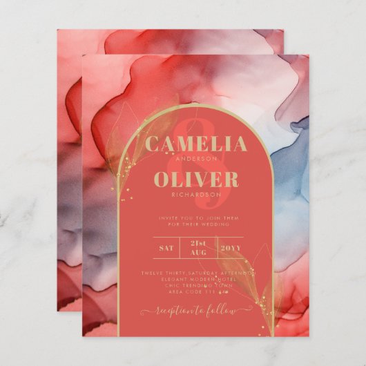 LeahG Koraal Navyblauw Gouden INK Trouw UITNODIGIN (Voorkant / Achterkant)