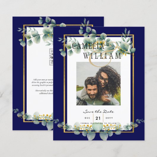 LeahG MARINEBLAUW GOUD Groene planten Eucalyptus T (Voorkant / Achterkant)