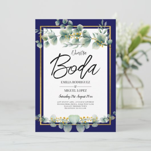 LeahG MARINEBLAUW GOUD Groene planten Eucalyptus T Kaart (Staand voorkant)