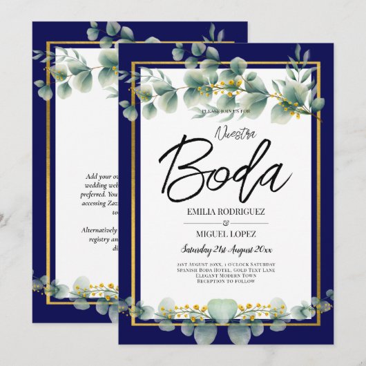 LeahG MARINEBLAUW GOUD Groene planten Eucalyptus T Kaart (Voorkant / Achterkant)