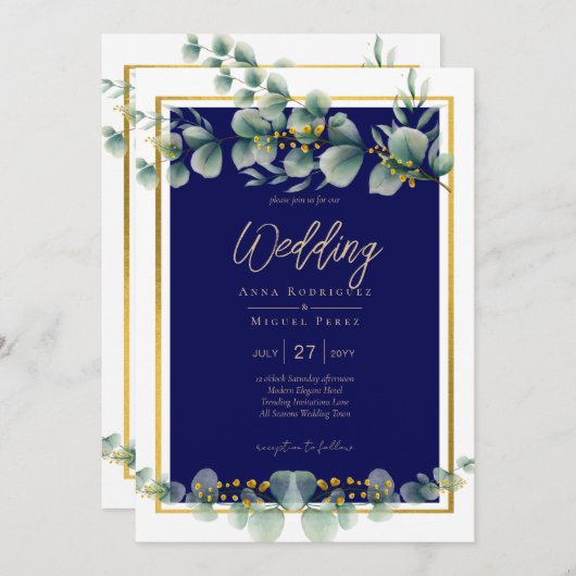 LeahG MARINEBLOUW GOUD Groene planten Eucalyptus T Kaart (Voorkant / Achterkant)