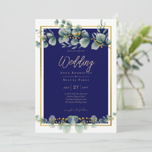 LeahG NAVY BLAUW GOUD Groene planten Eucalyptus Tr Kaart (Staand voorkant)