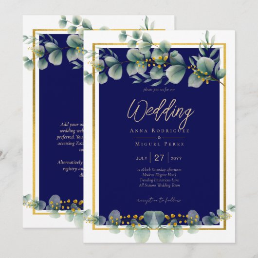 LeahG NAVY BLAUW GOUD Groene planten Eucalyptus Tr Kaart (Voorkant / Achterkant)