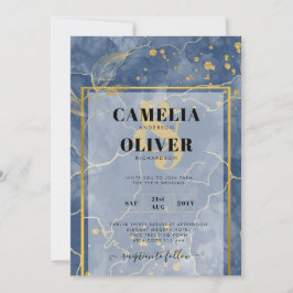 LeahG Navy Blauw Goud INK Abstract Trouw INVITATIE Kaart