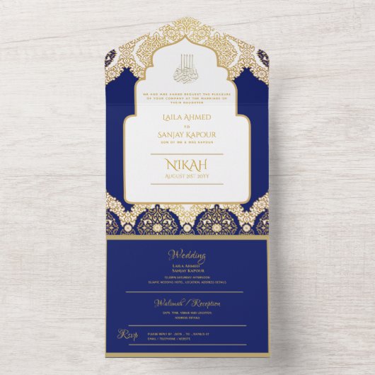 LeahG Navy Blauw Gouden Islamitische Moslim Huweli All In One Uitnodiging (Binnen)