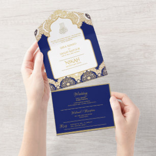 LeahG Navy Blauw Gouden Islamitische Moslim Huweli All In One Uitnodiging