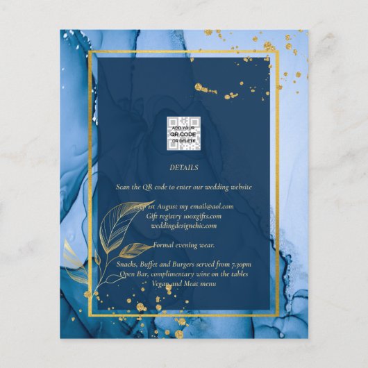 LeahG® Navy Blauwe Gouden Alcohol Inkt Trouwfeest Flyer (Achterkant)