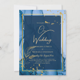 LeahG Navy Blauwe Gouden Alcohol Inkt Trouwfeest Kaart