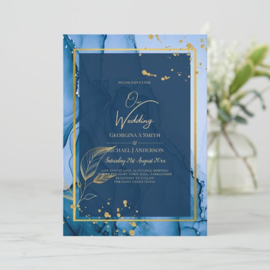 LeahG® Navy Blauwe Gouden Alcohol Inkt Trouwfeest Kaart (Staand voorkant)