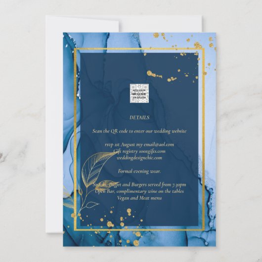 LeahG® Navy Blauwe Gouden Alcohol Inkt Trouwfeest Kaart (Achterkant)