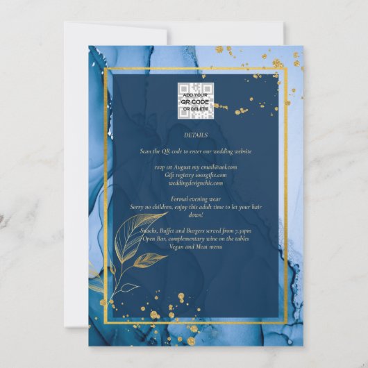 LeahG® Navy Blauwe Gouden Alcohol Inkt Trouwfeest Kaart (Achterkant)