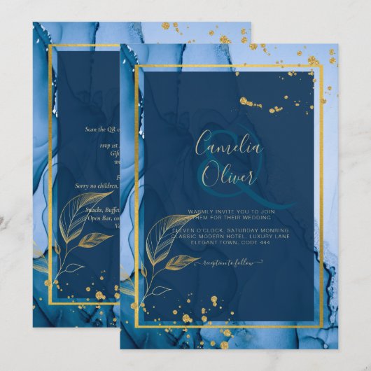 LeahG® Navy Blauwe Gouden Alcohol Inkt Trouwfeest Kaart (Voorkant / Achterkant)