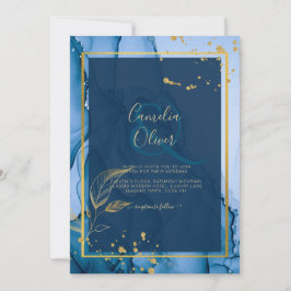 LeahG® Navy Blauwe Gouden Alcohol Inkt Trouwfeest Kaart