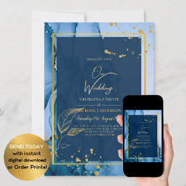 LeahG® Navy Blauwe Gouden Alcohol Inkt Trouwfeest Kaart