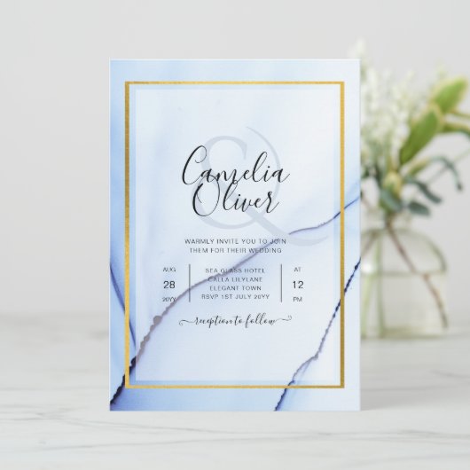LeahG Navy Blauwe Gouden INK Abstract Trouw INVITA Kaart (Staand voorkant)