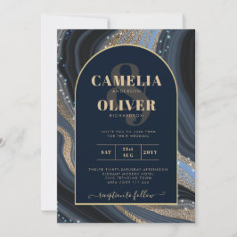 LeahG Navy Blue Gold Agate STERRENNACHT Wedding Kaart