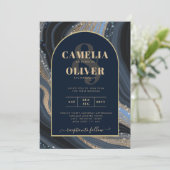 LeahG Navy Blue Gold Agate STERRENNACHT Wedding Kaart (Staand voorkant)