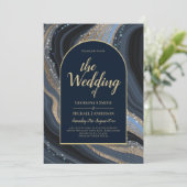 LeahG Navy Blue Gold Agate STERRENNACHT Wedding Kaart (Staand voorkant)