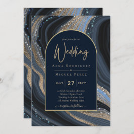LeahG Navy Blue Gold Agate STERRENNACHT Wedding Kaart