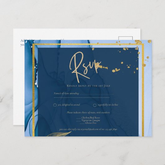 LeahG® Navy Blue Gold Alcohol Ink Wedding Briefkaart (Voorkant / Achterkant)