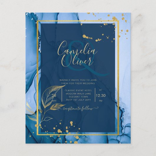 LeahG® Navy Blue Gold Alcohol Ink Wedding Flyer (Voorkant)