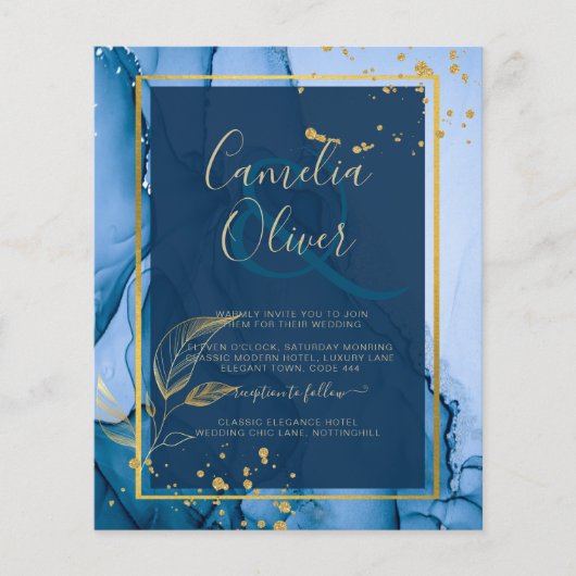 LeahG® Navy Blue Gold Alcohol Ink Wedding Flyer (Voorkant)