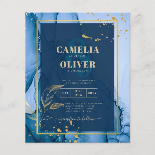 LeahG® Navy Blue Gold Alcohol Ink Wedding Flyer (Voorkant)