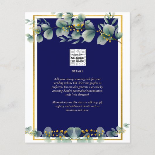 LeahG NAVY BLUE GOLD Greenery Eucalyptus Wedding Flyer (Achterkant)