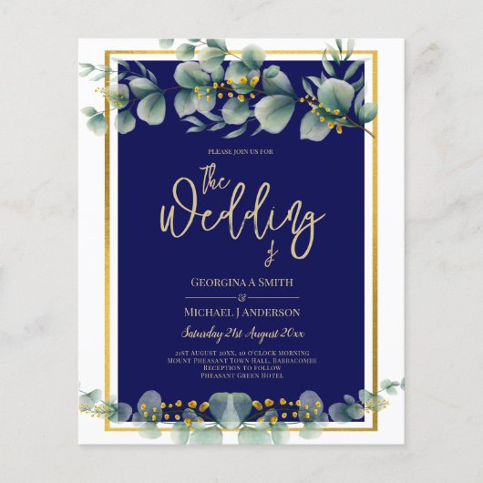 LeahG NAVY BLUE GOLD Greenery Eucalyptus Wedding Flyer (Voorkant)