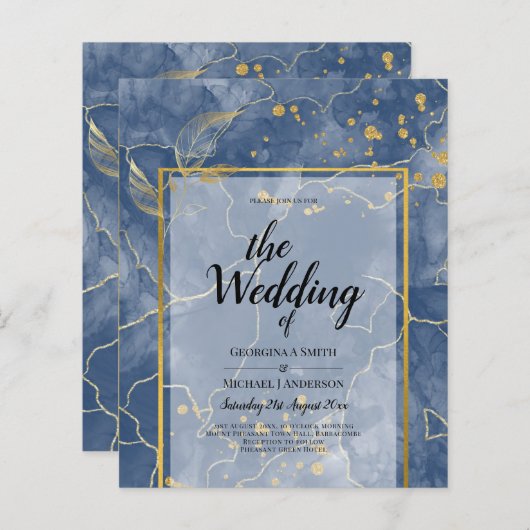 LeahG Navy Blue Gold INK Abstract Wedding INVITE (Voorkant / Achterkant)
