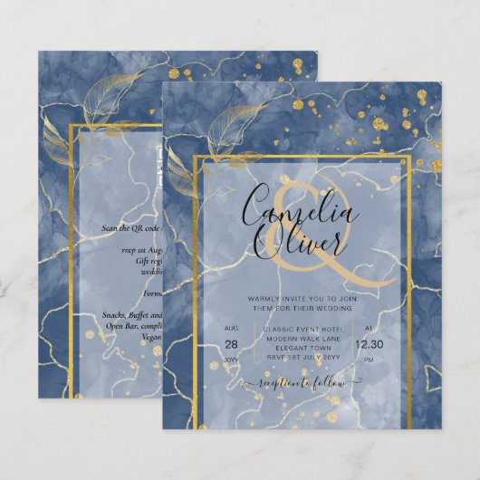 LeahG Navy Blue Gold INK Abstract Wedding INVITE (Voorkant / Achterkant)