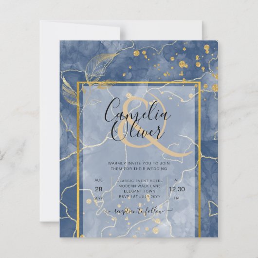 LeahG Navy Blue Gold INK Abstract Wedding INVITE (Voorkant)