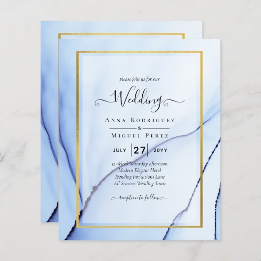 LeahG Navy Blue Gold INK Abstract Wedding INVITE (Voorkant / Achterkant)