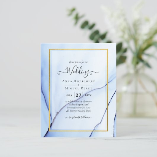 LeahG Navy Blue Gold INK Abstract Wedding INVITE (Staand voorkant)
