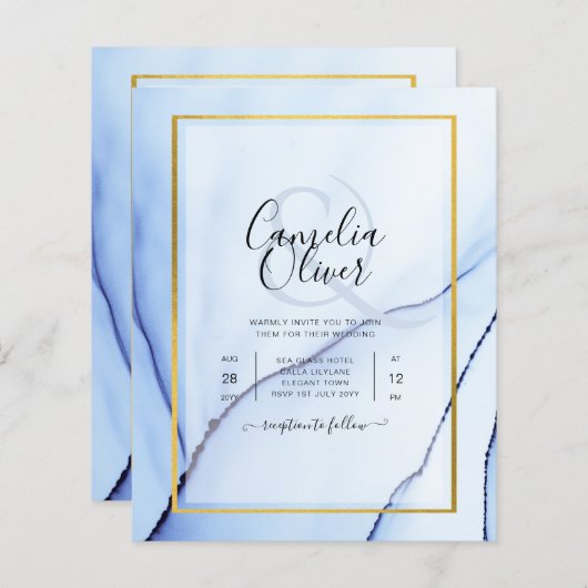 LeahG Navy Blue Gold INK Abstract Wedding INVITE (Voorkant / Achterkant)