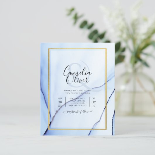 LeahG Navy Blue Gold INK Abstract Wedding INVITE (Staand voorkant)