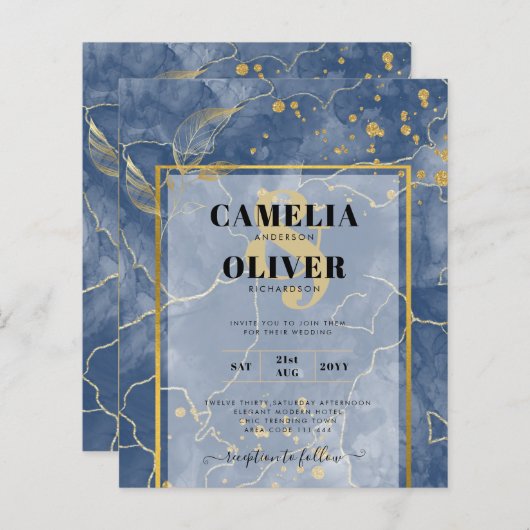 LeahG Navy Blue Gold INK Abstract Wedding INVITE (Voorkant / Achterkant)