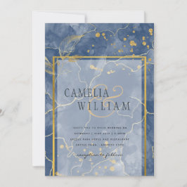 LeahG Navy Blue Gold INK Abstract Wedding INVITE Kaart