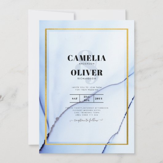 LeahG Navy Blue Gold INK Abstract Wedding INVITE Kaart (Voorkant)