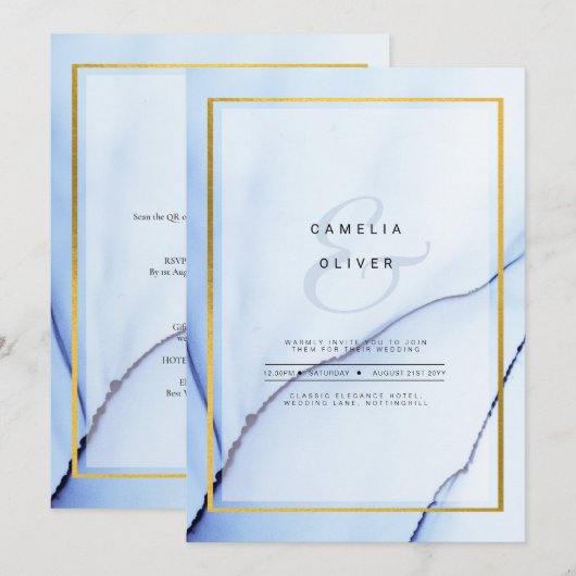 LeahG Navy Blue Gold INK Abstract Wedding INVITE Kaart (Voorkant / Achterkant)