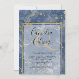 LeahG Navy Blue Gold INK Abstract Wedding INVITE Kaart