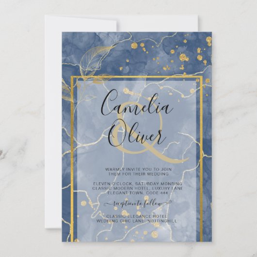 LeahG Navy Blue Gold INK Abstract Wedding INVITE Kaart (Voorkant)