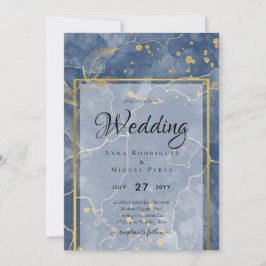 LeahG Navy Blue Gold INK Abstract Wedding INVITE Kaart