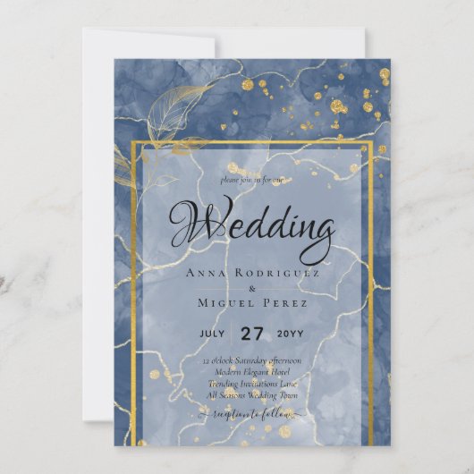 LeahG Navy Blue Gold INK Abstract Wedding INVITE Kaart (Voorkant)
