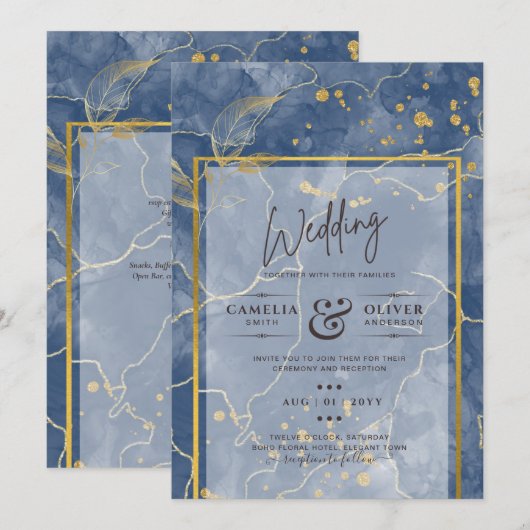 LeahG Navy Blue Gold INK Abstract Wedding INVITE Kaart (Voorkant / Achterkant)