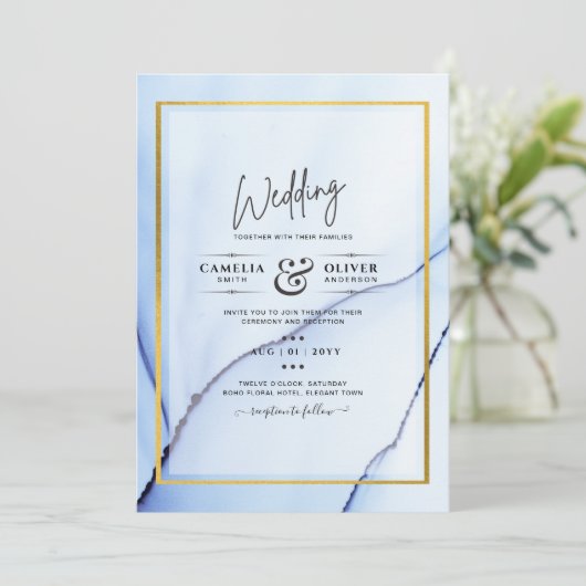 LeahG Navy Blue Gold INK Abstract Wedding INVITE Kaart (Staand voorkant)