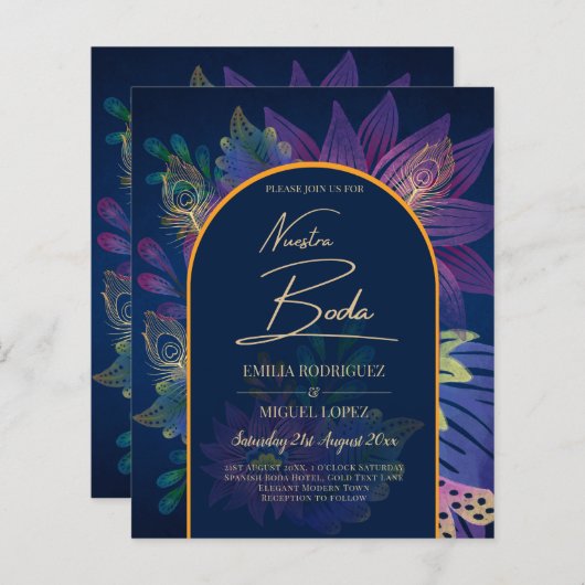 LeahG Navy Paars Gold JEWEL TONES Wedding INVITE (Voorkant / Achterkant)