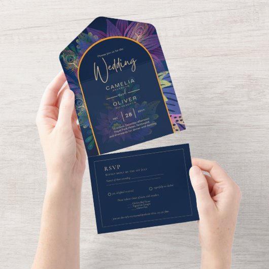 LeahG Navy Paars Gold JEWEL TONES Wedding INVITE All In One Uitnodiging (Afscheurbaar)