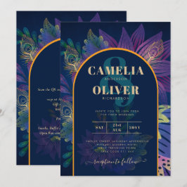 LeahG Navy Paars Gold JEWEL TONES Wedding INVITE Kaart
