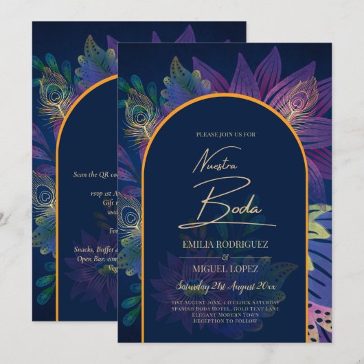 LeahG Navy Paars Gold JEWEL TONES Wedding INVITE Kaart (Voorkant / Achterkant)